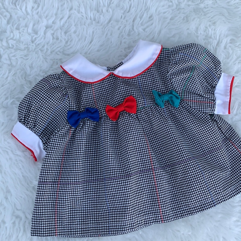 Girls vintage toddler dress houndstooth rainbow colored bows 12 mo gorgeous - Picture 3 of 4